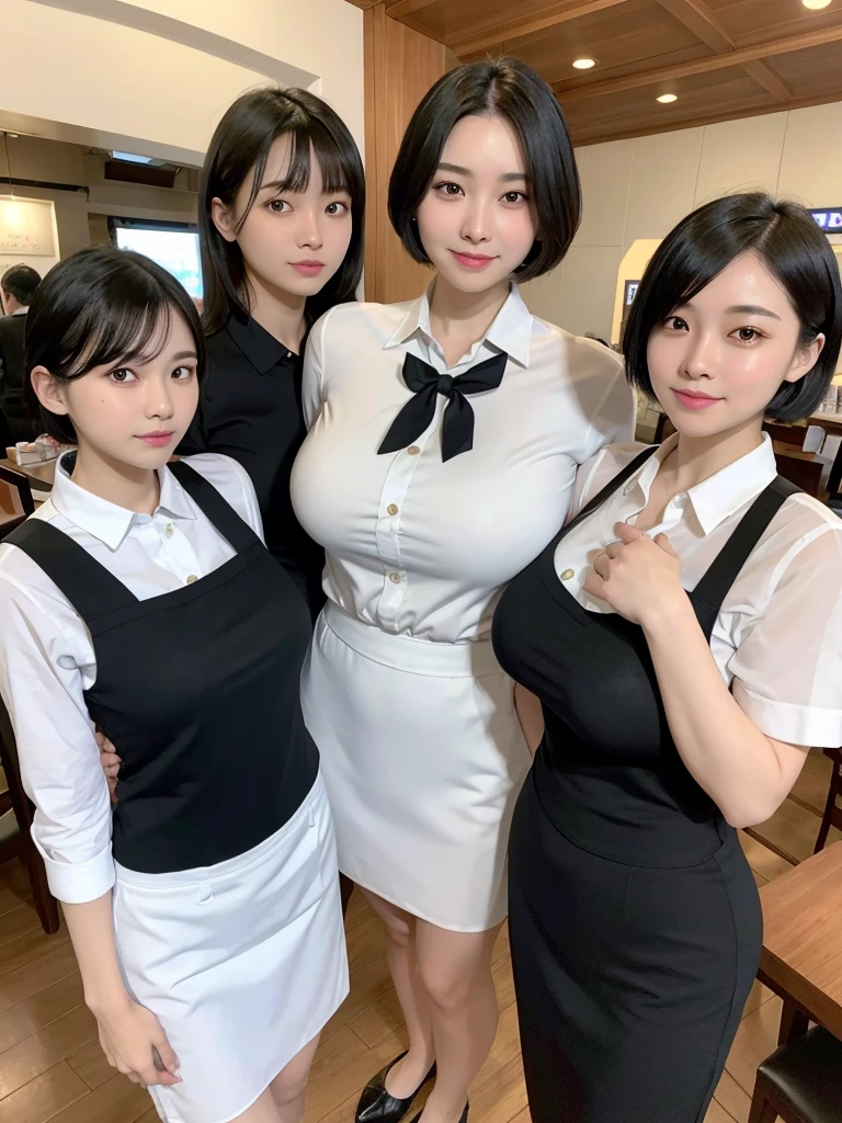 Highest quality、masterpiece、8k、Very detailed、Realistic、Looking at me with a smile、whole body、Black Hair、Short Hair、Small face、Slender、(Very large breasts)、Thin and beautiful legs、narrow and constricted waist,、(Family Restaurant Uniforms:1.2)