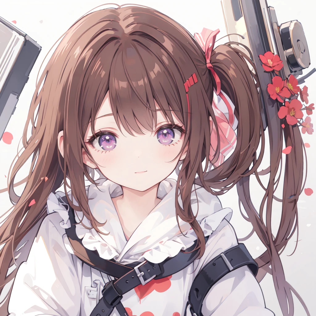 (1 Girl), masterpiece, best quality, Super beautiful illustrations, Very cute little girl, Very detailed beautiful face, Looking at the audience, 1 Girl, belt, close up, Looking at the audience, 4K, high resolution, Ribbon, Wild Misunderstanding, blush, Throw, Double ponytail hairstyle, White background, Simple background, Thick outline, Purple Eyes, (sleep), Brown hair, Red Cliff, Expression of love, ((Brown hair)), (Blood),