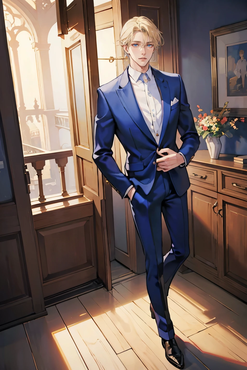 (masterpiece), best quality, seductive eyes, perfect face, handsome man, blue eyes, middle part blonde hair, long nose, tan brown skin, business suit, extremely tall man, long legs, long calves, full body, tall man, long legs, anime cover, 1boy, ear piercings, facial piercings, hands in pockets, adult-like look, pretty but mature man