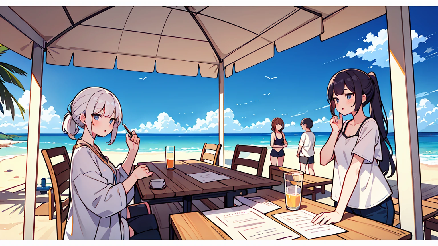 (masterpiece, best quality),Women with different faces and hairstyles, different hair colors, different faces, ponytail, letterboxed, perfection of fashion,chapped lips, casual attire, upper body, from the side,Terrace cafe with white sand and beach view,study at the table, eyes look at the note, together, stylish outfit,