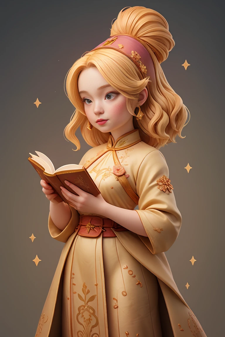 an epic colorful book cover of a 20th century young Blonde Swedish witch transported in Tang Dynasty times in ancient China, European face, Tang dynasty clothes, wearing colorful hanfu, neutral expression, holding a shining magic book, in a palace room, masterpiece, best quality, trending on artstation, intricate details, eerie magical atmosphere, sparkles, epic background, Chinese palace in the background