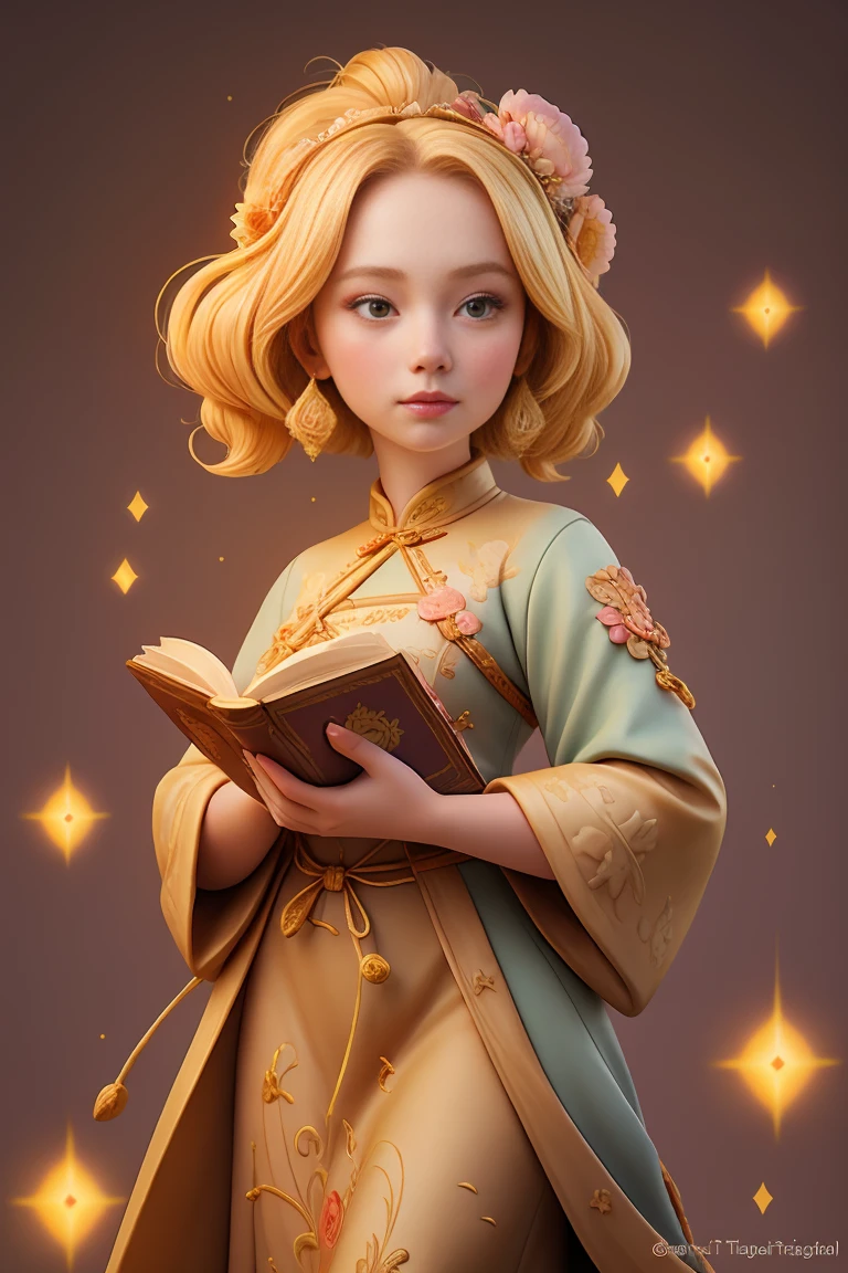 an epic colorful book cover of a 20th century young Blonde Swedish witch transported in Tang Dynasty times in ancient China, European face, Tang dynasty clothes, wearing colorful hanfu, neutral expression, holding a shining magic book, in a palace room, masterpiece, best quality, trending on artstation, intricate details, eerie magical atmosphere, sparkles, epic background, Chinese palace in the background