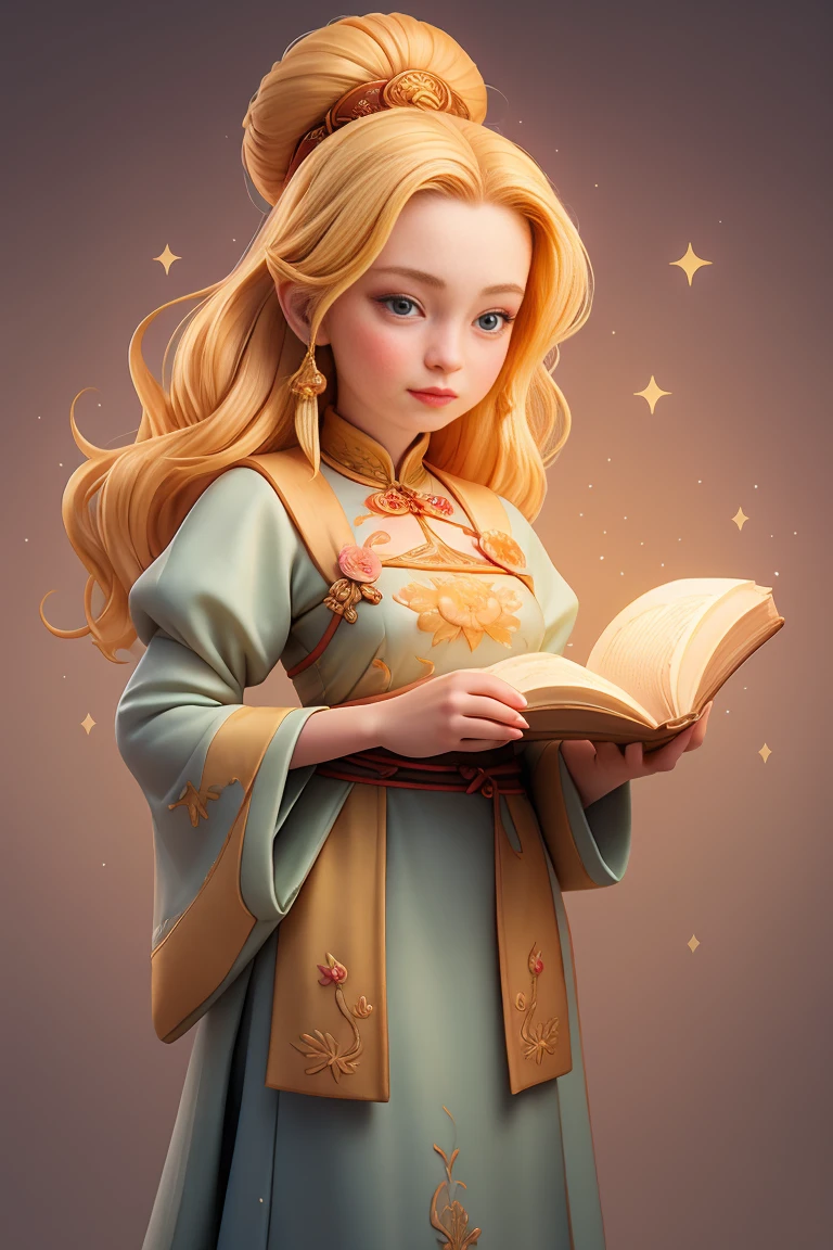 an epic colorful book cover of a 20th century young Blonde Swedish witch transported in Tang Dynasty times in ancient China, European face, Tang dynasty clothes, wearing colorful hanfu, neutral expression, holding a shining magic book, in a palace room, masterpiece, best quality, trending on artstation, intricate details, eerie magical atmosphere, sparkles, epic background, Chinese palace in the background