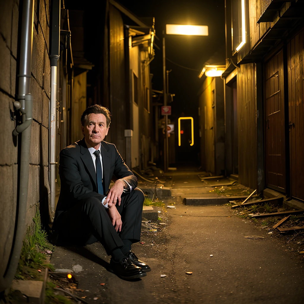 ((Highest quality)), ((masterpiece)), (detailed), One Man, (european:1.5), A tired 30-year-old, Stubble
, Black business suit, Dirty suit, No Nectar
, night, (darkness:1.5)
, (Neon Town:1.5), (Alley:1.5), (narrow street:1.5)
, (Concrete ground:1.5), (Sitting on the ground:1.5)
, (Abandoned wooden house wall:1.5), (Leaning against the wall:1.5)
, (Looking down:1.5), (Term drooping:1.5), Drunk
, Science fiction、Near future、