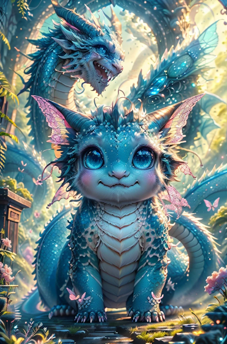 cute baby pink Dragon with mesmerizing feature butterfly ethereal wings masterpiece, top quality, best quality, official art, beautiful and aesthetic:1.2), (1dragon), extreme detailed,(fractal art:1.3), colorful, highest detailed, (masterpiece, best quality:1.3) 1 bright-amber, blue, green cat like-eyes, professional digital painting, Unreal Engine 5. playful teasing expression, finely detailed eyes, happy mood, epic scene, epic composition, Cinematic Lighting, Volumetric Lighting, ethereal light, intricate details, extremely detailed volumetric rays. oil painting, Detailed facial features, Sunlight, bright colors, dramatic lighting, expressive eyes, High Resolution, 4K quality, Photorealistic
