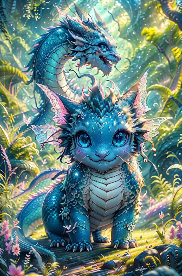 cute baby pink Dragon with mesmerizing feature butterfly ethereal wings masterpiece, top quality, best quality, official art, beautiful and aesthetic:1.2), (1dragon), extreme detailed,(fractal art:1.3), colorful, highest detailed, (masterpiece, best quality:1.3) 1 bright-amber, blue, green cat like-eyes, professional digital painting, Unreal Engine 5. playful teasing expression, finely detailed eyes, happy mood, epic scene, epic composition, Cinematic Lighting, Volumetric Lighting, ethereal light, intricate details, extremely detailed volumetric rays. oil painting, Detailed facial features, Sunlight, bright colors, dramatic lighting, expressive eyes, High Resolution, 4K quality, Photorealistic