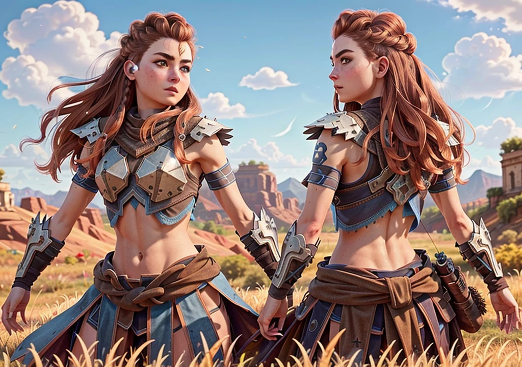 A1 girl, loyHorizon, solo, long hair, brown hair, hair ornament, navel, brown eyes, aming with a bow, outdoors, sky, day, red hair, from behind, armor, blue sky, lips, looking away, thick eyebrows, shoulder armor, freckles, showing armpits half naked, full body. 