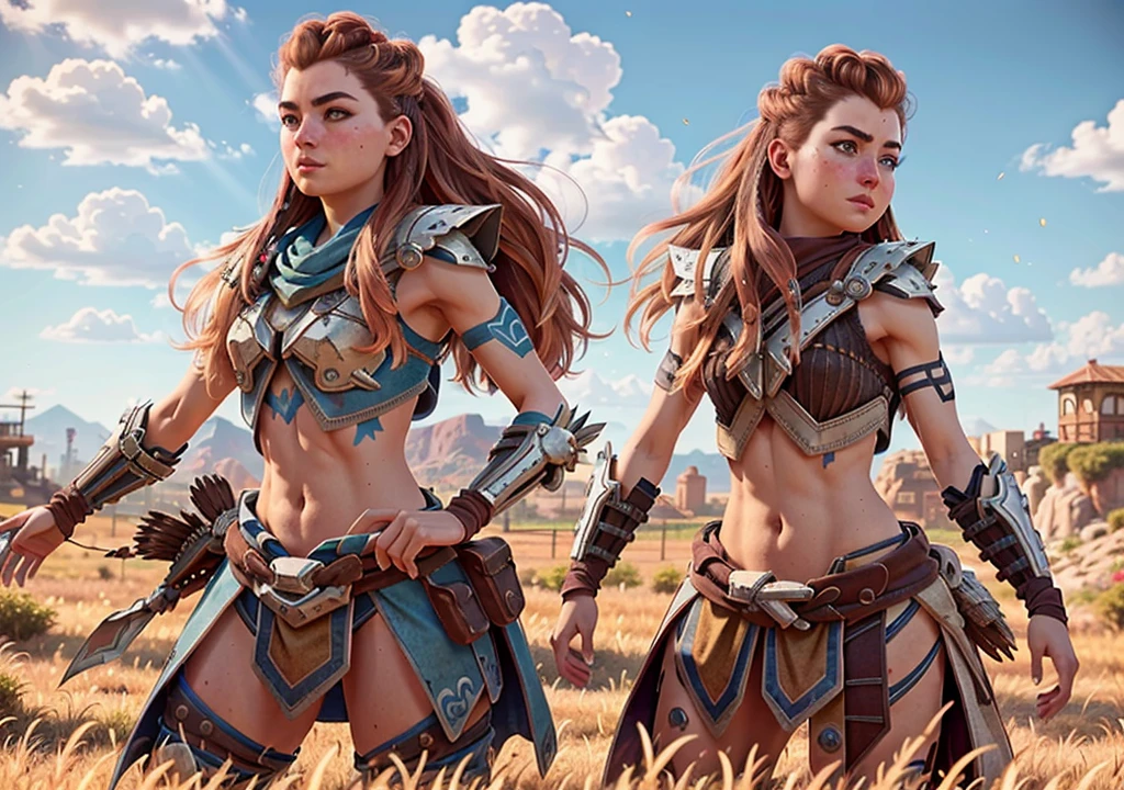 A1 girl, loyHorizon, solo, long hair, brown hair, hair ornament, navel, brown eyes, aming with a bow, outdoors, sky, day, red hair, from behind, armor, blue sky, lips, looking away, thick eyebrows, shoulder armor, freckles, showing armpits half naked, full body. 