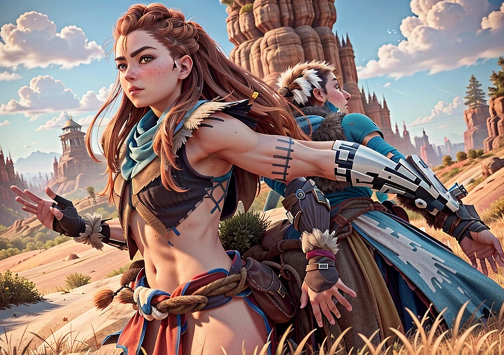 A1 girl, loyHorizon, solo, long hair, brown hair, hair ornament, navel, brown eyes, aming with a bow, outdoors, sky, day, red hair, from behind, armor, blue sky, lips, looking away, thick eyebrows, shoulder armor, freckles, showing armpits half naked, full body.