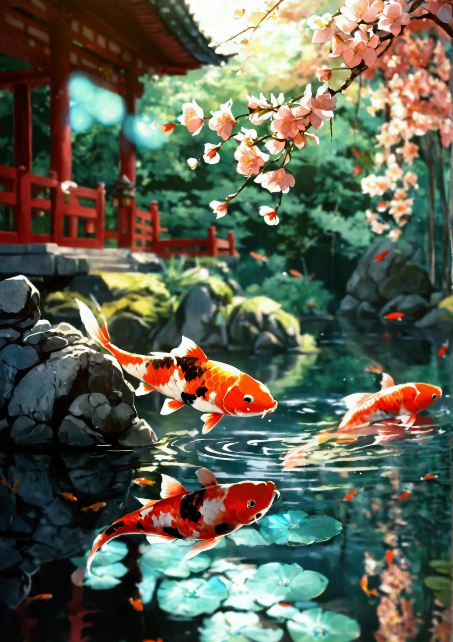 1girl, looking at the viewer, water, pond, lake, shrine, koi