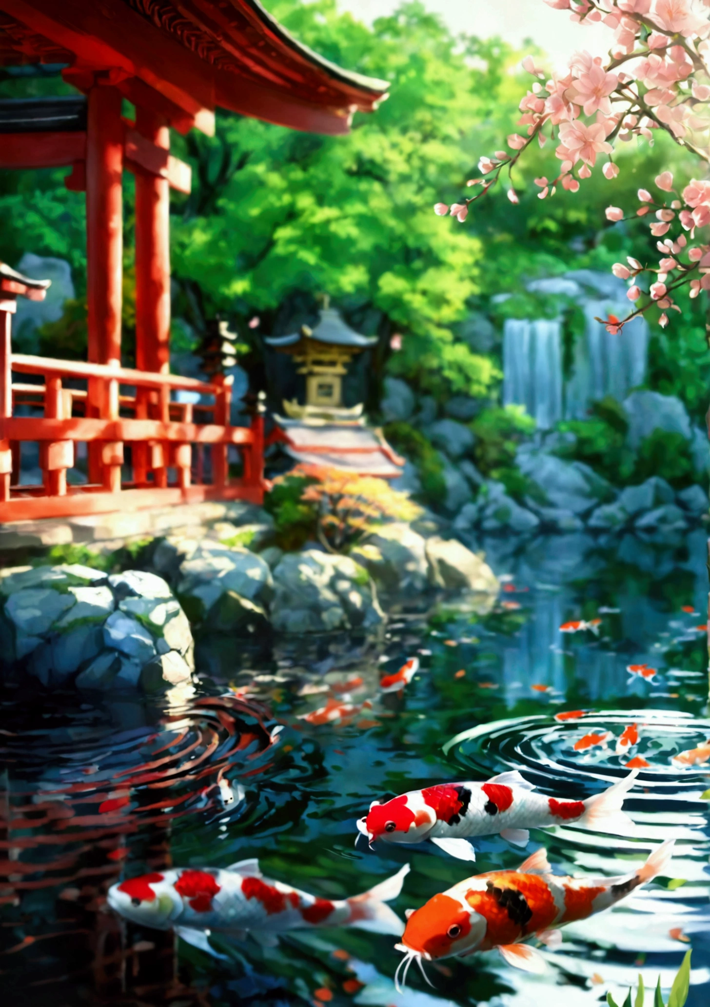 1girl, looking at the viewer, water, pond, lake, shrine, koi