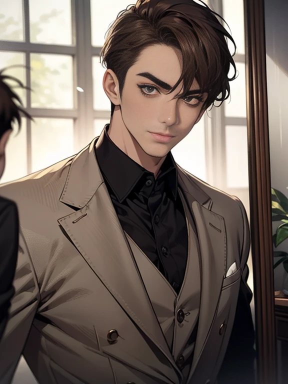 Masterpiece, Best quality, Realistic, 1 person, Mature male, Quiet and charming young man, 25 age old, Serious look, Closed mouth, Portrait, Extremely detailed face, cold smile, ((dark gray eyes)), ((Right sweep short dark brown hair)), [Thick eyebrows], ((suit)), Handsome, full bodyesbian, Western, Jewish, Light brown skin,Stand in front of the mirror，Organize your clothes