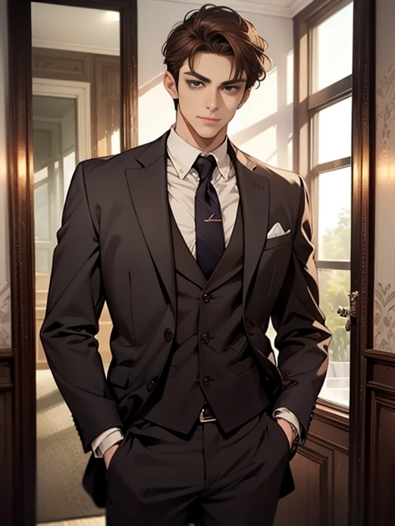 Masterpiece, Best quality, Realistic, 1 person, Mature male, Quiet and charming young man, 25 age old, Serious look, Closed mouth, Portrait, Extremely detailed face, cold smile, ((dark gray eyes)), ((Right sweep short dark brown hair)), [Thick eyebrows], ((suit)), Handsome, full bodyesbian, Western, Jewish, Light brown skin,Stand in front of the mirror，Organize your clothes