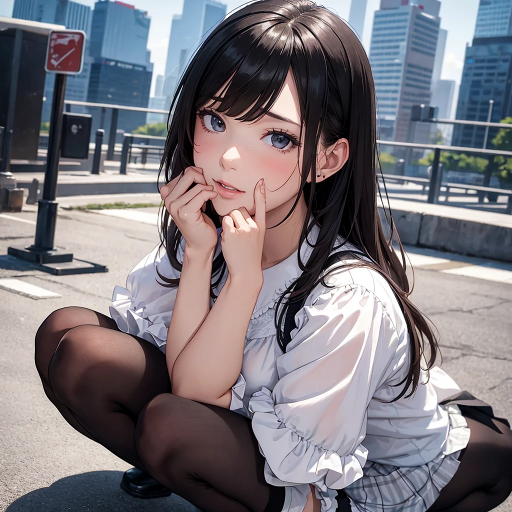 Girl in summer clothes, Loud bangs、White blouse and black plaid skirt, Squatting on the ground, Looking straight ahead, Black stockings or long stockings, Make it as if she wants to kiss you, View from the Viewer, Close-up photos, medium breasts, Cityscape, flirtatious look, ((Very detailed)), (Perfectly detailed face), (Well detailed hands), (Well detailed hands) Photorealistic images.