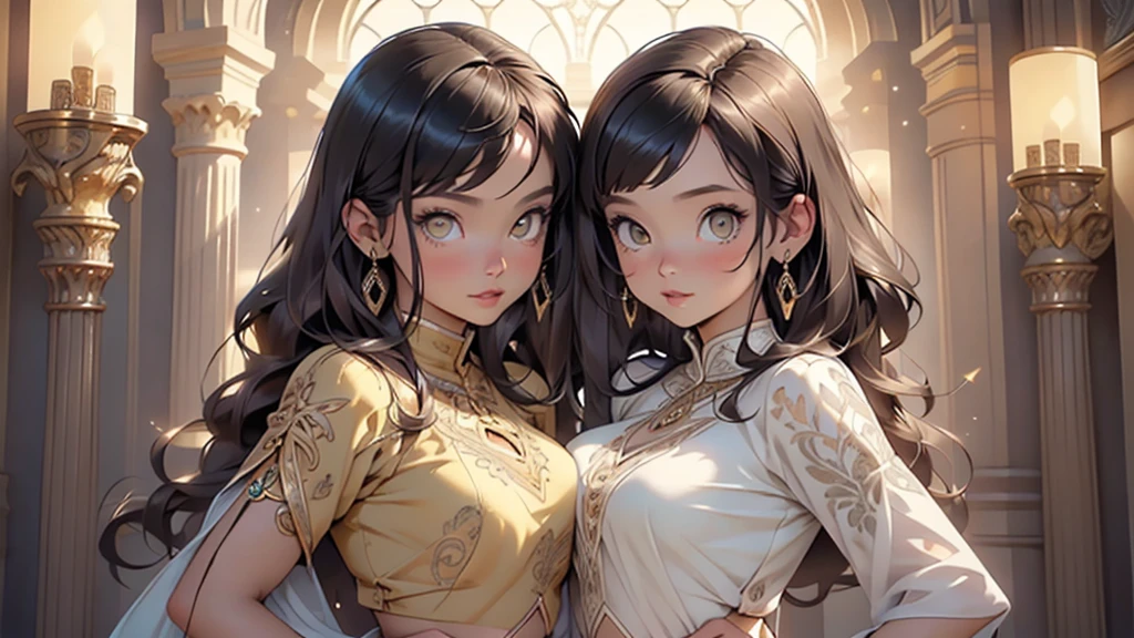 2girls,multiple girls,(((beautiful brunettes identical twins in middle of composition:1.5))),(brunette long hair:1.5),detailed and intricate,very enormous breast:1.7),(((yellow_eyes:1.3))),intricate eyes,beautiful detailed eyes,symmetrical eyes,(((lustrous skin:1.5,bright skin: 1.5,skin tanned,shiny skin,very shiny skin,shiny body,plastic glitter skin,exaggerated shiny skin,illuminated skin))), shiny lips, very big ass,inflated legs,thick thighs,(symmetrical detailed face:1.7),toned, sexy, nsfw,
sexy,zettai ryouiki,tiny clothes,show skin,(arabian clothes, harem outfit, arabian dancing girl, belly dancer outfit, sex slave, jewelry, sheer loincloth, pelvic curtain, midriff, bracelets,),(arabian jewelry,intricate necklace),((((silk loincloth:1.5,transparent loincloth)))),navel:1.5,(((gold clothes))),
(dynamic pose:1.0),embarrassed,(centered,scale to fit dimensions,Rule of thirds),
inside,indoor,((palace in Arabia, palace in Arabia background)),scenery:1.25,((intricate scenery)),
(Glossy winter ornaments),highres,sharp focus,(ultra detailed,extremely detailed),(photorealistic artwork:1.37),(extremely detailed CG unity 8k wallpaper),(((vibrant colors,vibrant theme))),(intricate),(masterpiece),(best quality),artistic photography,(photography taken by sldr),(intricate background),perfect rendered face,perfect face details,realistic face,photo realistic,((intricate detail)),(((realism))),