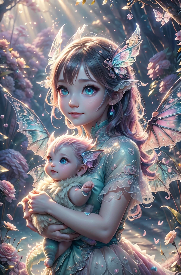 cute pink Dragon with mesmerizing feature butterfly ethereal wings masterpiece, top quality, best quality, official art, beautiful and aesthetic:1.2), (1dragon), extreme detailed,(fractal art:1.3), colorful, highest detailed, (masterpiece, best quality:1.3) 1 bright-amber, blue, green cat like-eyes, professional digital painting, Unreal Engine 5. playful teasing expression, finely detailed eyes, happy mood, epic scene, epic composition, Cinematic Lighting, Volumetric Lighting, ethereal light, intricate details, extremely detailed volumetric rays. oil painting, Detailed facial features, Sunlight, bright colors, dramatic lighting, expressive eyes, High Resolution, 4K quality, Photorealistic