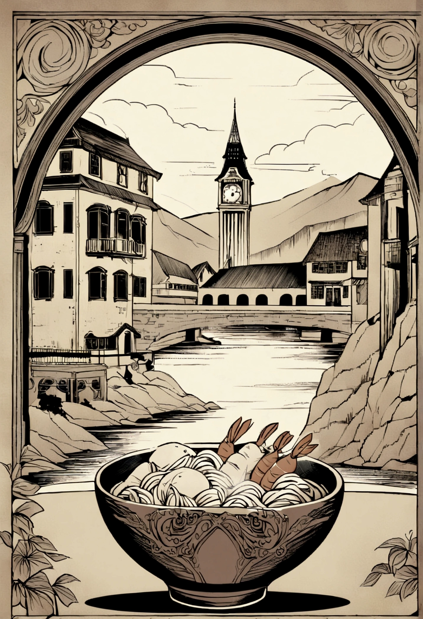 Create a vintage-style illustration featuring a bowl of shrimp noodle soup in the foreground, with an ornate border design. In the background, depict a picturesque scene with a prominent clock tower, traditional buildings, a winding river, and mountainous terrain, old building restaurant. Use a sepia-toned color palette to give the illustration an antique feel.