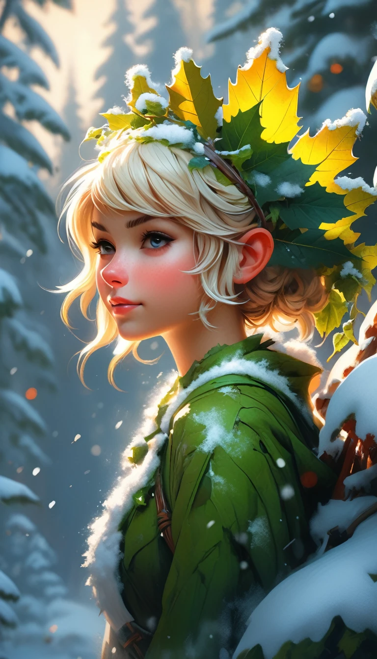 a snowy winter leaf pixie girl on a leaf in the snow, blonde hair, ahe snowy winter leaf pixie and the world of adventure, photo realism, 8k resolution, garden, trending on artstation, 4k, intricate details, highly detailed, pencil drawing, sketching, unreal engine, Caravaggio, greg rutkowski, loish, rhads, beeple, makoto shinkai and lois van baarle, ilya kuvshinov, rossdraws, tom bagshaw, alphonse mucha, oil painting, heavy strokes, paint dripping, oil painting, heavy strokes, paint dripping