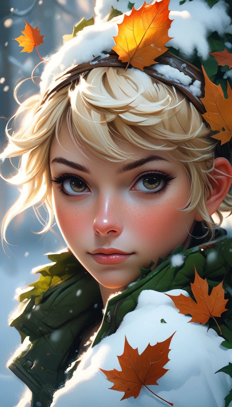 a snowy winter leaf pixie girl on a leaf in the snow, blonde hair, ahe snowy winter leaf pixie and the world of adventure, photo realism, 8k resolution, garden, trending on artstation, 4k, intricate details, highly detailed, pencil drawing, sketching, unreal engine, Caravaggio, greg rutkowski, loish, rhads, beeple, makoto shinkai and lois van baarle, ilya kuvshinov, rossdraws, tom bagshaw, alphonse mucha, oil painting, heavy strokes, paint dripping, oil painting, heavy strokes, paint dripping