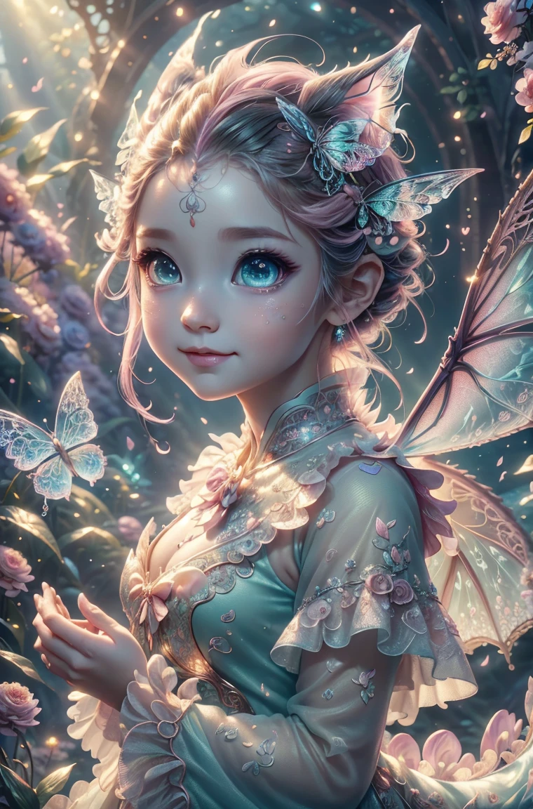 cute pink Dragon with mesmerizing feature butterfly ethereal wings masterpiece, top quality, best quality, official art, beautiful and aesthetic:1.2), (1dragon), extreme detailed,(fractal art:1.3), colorful, highest detailed, (masterpiece, best quality:1.3) 1 bright-amber, blue, green cat like-eyes, professional digital painting, Unreal Engine 5. playful teasing expression, finely detailed eyes, happy mood, epic scene, epic composition, Cinematic Lighting, Volumetric Lighting, ethereal light, intricate details, extremely detailed volumetric rays. oil painting, Detailed facial features, Sunlight, bright colors, dramatic lighting, expressive eyes, High Resolution, 4K quality, Photorealistic