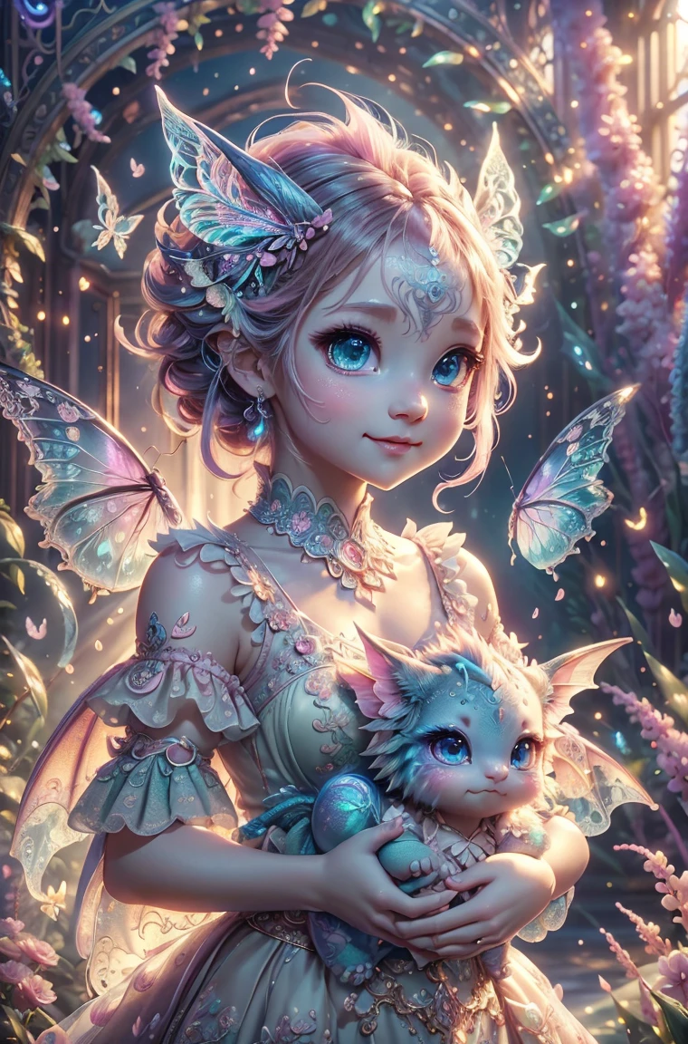 cute baby pink Dragon with mesmerizing feature butterfly ethereal wings masterpiece, top quality, best quality, official art, beautiful and aesthetic:1.2), (1dragon), extreme detailed,(fractal art:1.3), colorful, highest detailed, (masterpiece, best quality:1.3) 1 bright-amber, blue, green cat like-eyes, professional digital painting, Unreal Engine 5. playful teasing expression, finely detailed eyes, happy mood, epic scene, epic composition, Cinematic Lighting, Volumetric Lighting, ethereal light, intricate details, extremely detailed volumetric rays. oil painting, Detailed facial features, Sunlight, bright colors, dramatic lighting, expressive eyes, High Resolution, 4K quality, Photorealistic