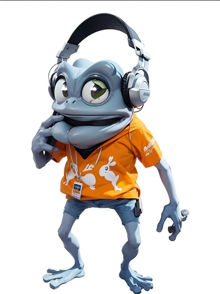 A gray frog, He is wearing an orange shirt, has a headset