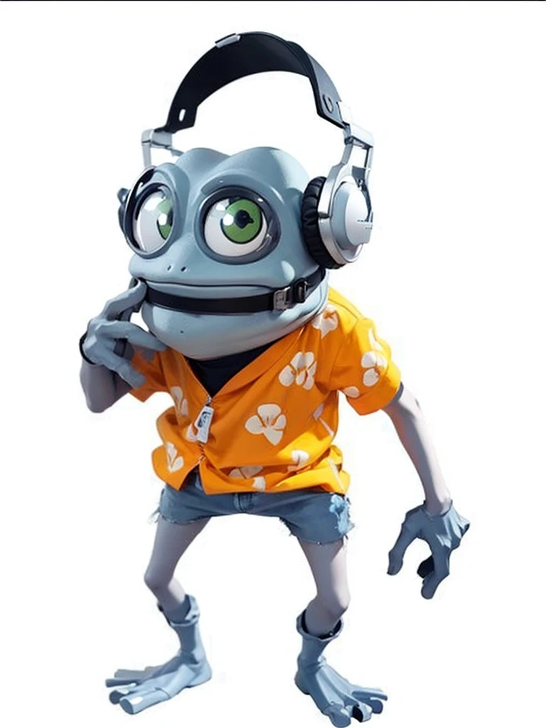 A gray frog, He is wearing an orange shirt, has a headset