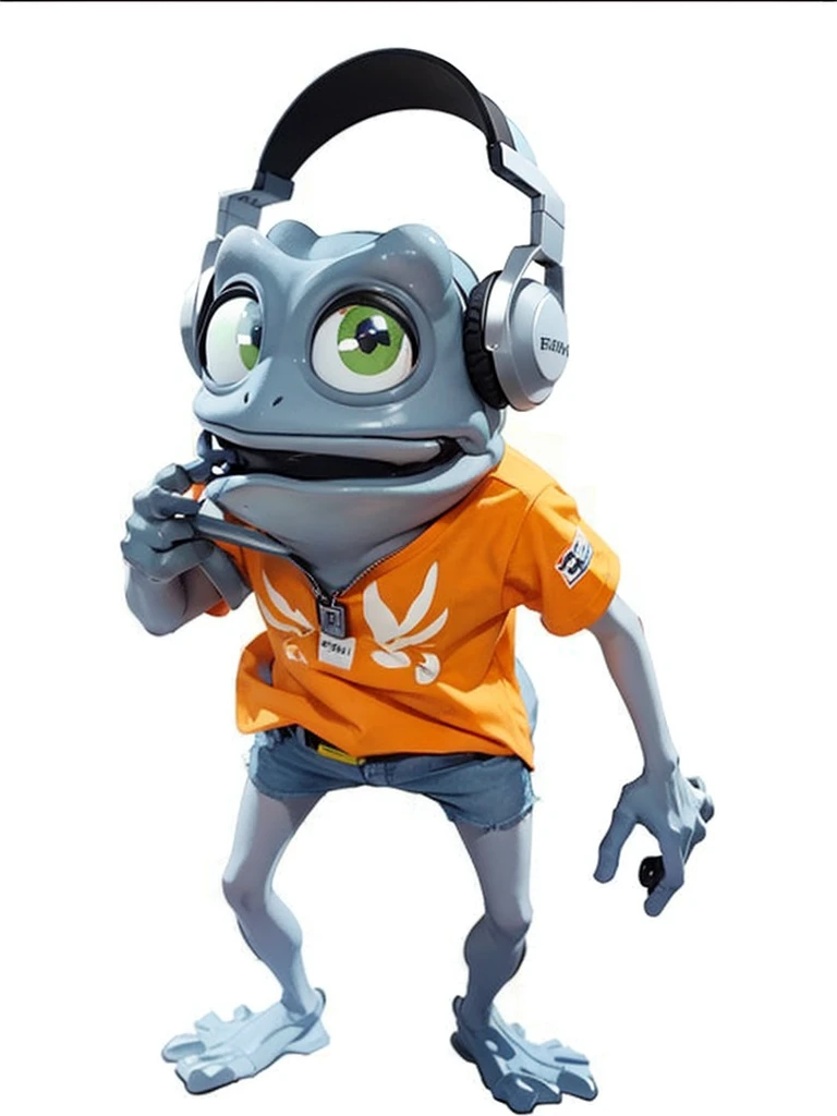 A gray frog, He is wearing an orange shirt, has a headset