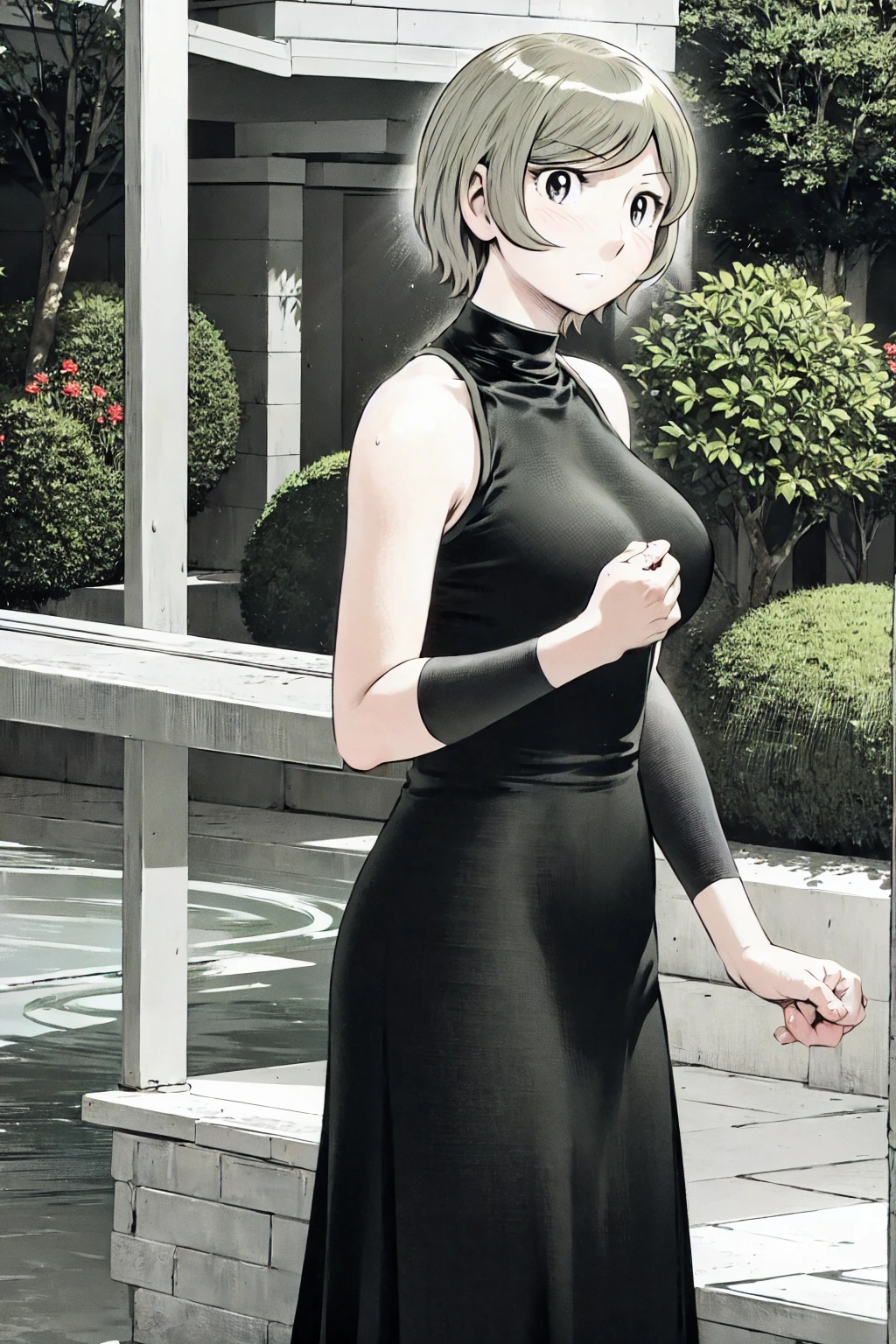 、(masterpiece、Highest quality)、Highest quality, Ultra-high resolution, (((masterpiece))), alone, Sweat、Big eyes, Sleeveless、Outdoor、Floral Dress、Composition from the front、(後ろCut your hair short、short hair、blonde、woman)、Shortcuts、Embarrassed face、Cut your hair short、可愛いwomanの子、Big Breasts、Browsing Caution