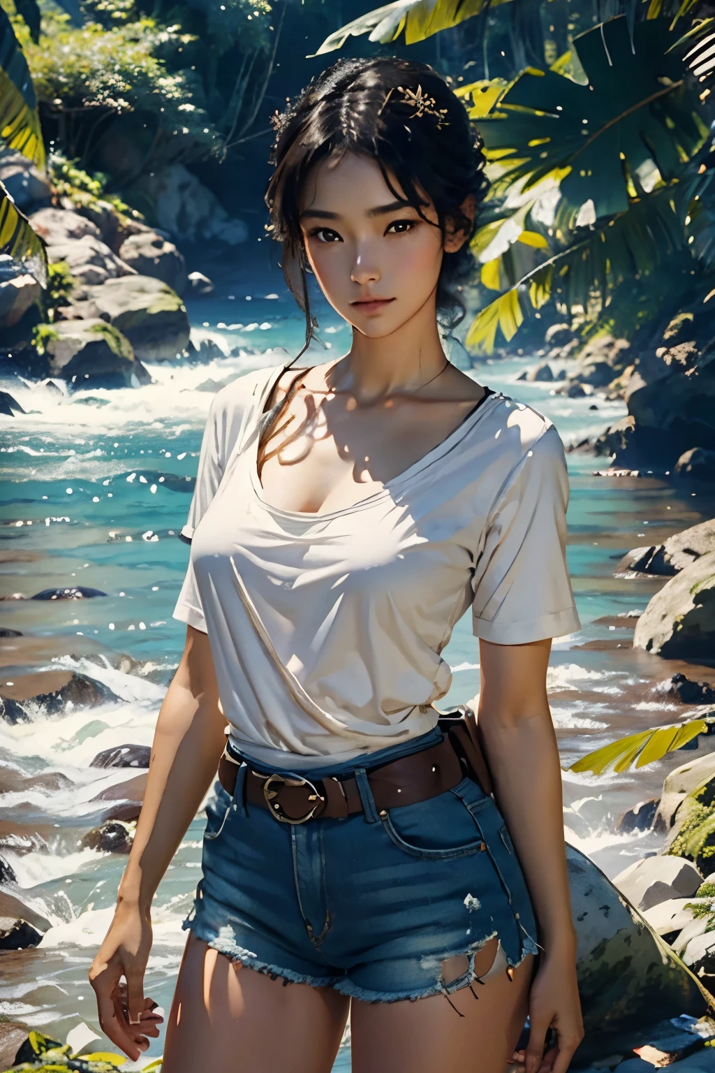 (Huge and amazing photos of the Goddess, Very hot and sexy, Wearing denim shorts, White top, Wear a survival knife on your waist、beauty, Perfect Proportions, Cute body, スリムなボディのbeauty:1.2), Woman silhouette,View from the front, Jungle Waterside、open air, Ray Tracing、Bright sunlight、rich vegetation、((Artwork, Highest quality, High resolution)), ((Highly detailed 8K uniform CG wallpaper)), 