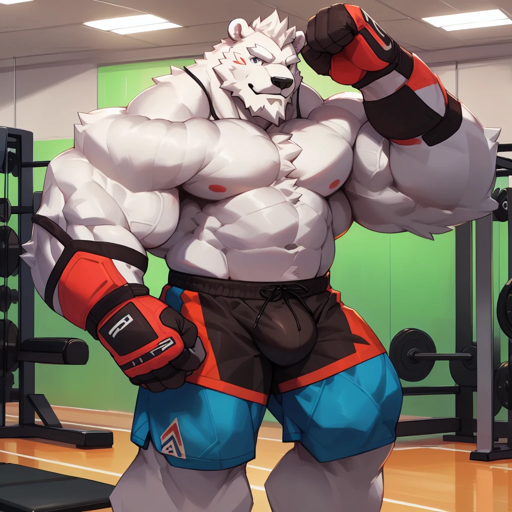 solo, 1boy, Huge Muscular White Polar Bear, huge white fur, pectoral, huge pectoral, wide pectoral, short white hair, bulky, bulk, bulge, black kickboxing shorts, black toeless wootwear, fingerless kickboxing fighting gloves and shirtless and topless, white bearded, white Mustache, white fur, grey eyebrows, gym fitness center background, masterpiece, high detailed, 8k, high resolution, at the gym, flexes huge thorax, looking at the viewer, acting all hunk