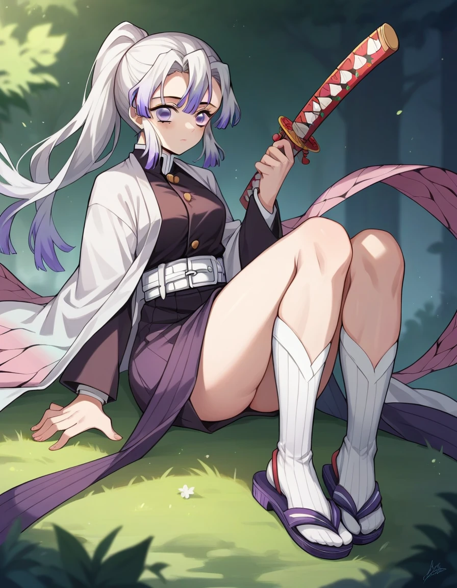 anime style "Kimetsu no yaiba" represents a girl with only white hair, his eyes are violet, He has a dark purple hunter suit and a white and light blue katana., some high white socks and the shoes are light purple sandals too., the environment is a dark forest 