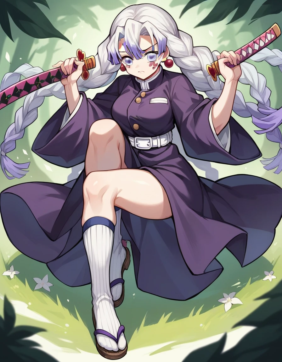 anime style "Kimetsu no yaiba" represents a girl with only white hair, his eyes are violet, He has a dark purple hunter suit and a white and light blue katana., some high white socks and the shoes are light purple sandals too., the environment is a dark forest