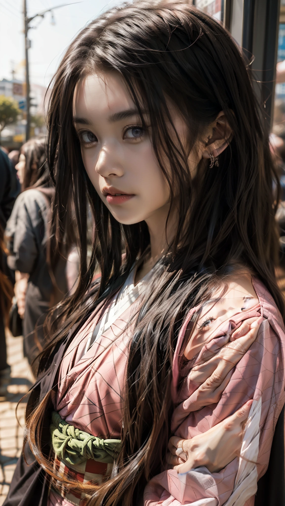 Cute Japanese woman, (16 years old), (Very cute face: 1.3), White and moisturized skin,
BREAK,
Fighter, Kung Fu fighter, Idol,
BREAK,
(Wearing cute kimono: 1.3), (Very revealing kimono), Very large earrings, Short length,
BREAK,
(Long hair), (Gray hair), (Wavy hair), (Gradient pink hair: 1.3), (Red hair at the ends),
BREAK,
(Realistic: 1.3), Masterpiece, Perfect lighting, (Ultra high resolution), (8K), (Very detailed: 1.4), (From the front), Looking at the camera, Melancholic expression, (Full body),
BREAK,
(Japanese city streets: 1.2), (Great fire in the background),
BREAK,
(Demon Slayer: 1.4),
BREAK,
(Hellfire: 1.2), Demon,