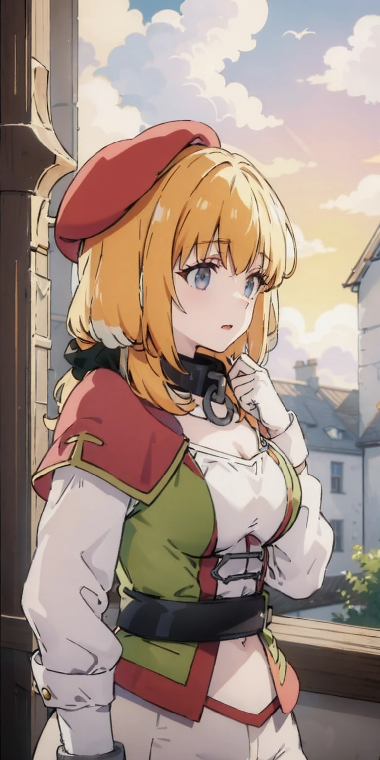 masterpiece, best quality, beret, pink capelet, pink tunic, white pants, brown gloves, upper body, sunset, gothic architecture, castle, clouds, looking at viewer, from side, shy, add details, very detailed, wearing metal collar, bracers, shackles