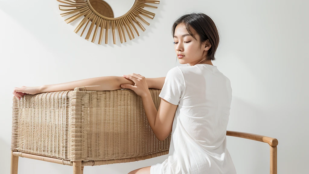 A 22-year-old Thai woman with a calm face, no tightly closed eyes, big dark eyes, a high-bridged nose, short hair, without dress, sitting in a meditation pose on a chair with eyes closed, back straight, facing forward, arms resting on her lap, on a plain white background, in a relaxed atmosphere, without makeup,  in the white room