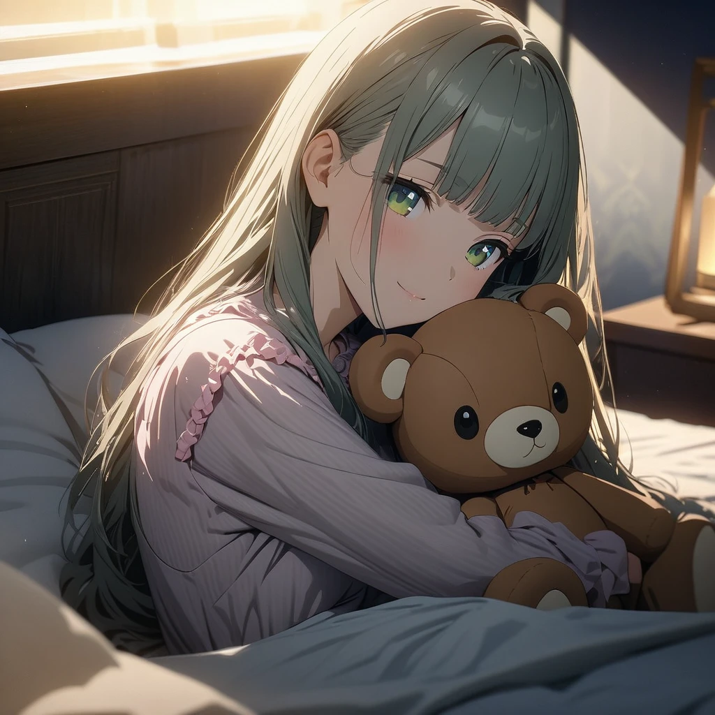 masterpiece, ultra detailed, 8K,  (Cute a girl:1.5), 
(masterpiece:1.3), anime visual,pale puple long hair,blunt bangs hair,green eyes, (Lovey-dovey:1.5), (tilt head:1.3), extremely delicate face, soft clean focus, realistic lighting and shading, (an extremely delicate and beautiful art:1.3), elegant, (muted colors:1.1), small breast,slim,Pink ribbed frill trim pajamas, a bed,day lit, a kind smile,Sleeping with a teddy bear,(night lit:1.5),