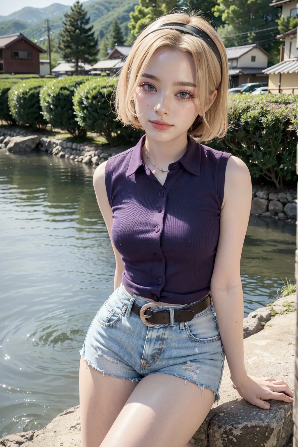 1 woman, adult woman, woman in her 30s, tarankaaa, NOT DASHA TARAN, full body standing, perfect body, best quality, 32k, photograph, full body (head to toe), tone mapping, ((houjou satoko,short hair,black hairband,blonde hair,violet eyes,hair between eyes,collared shirt,sleeveless shirt,pink shirt,shirt tucked in,mid sized breasts,belt,short shorts,blue shorts,white socks,pink footwear, athletic, big woman)), asian-european, ((golden blonde hair, short hair, purple eyes)) perfectly drawn hands, ((masterpiece)), ((highres)), ((detailed background)), japanese village background, next to a river, (big proportions), cute pose, beautiful smile, ((perfect eyes, detailed eyes, realistic eyes)), ((sharp face, detailed face, realistic face, natural skin, realistic skin, detailed skin, pores)), (wider legs, wider arms)