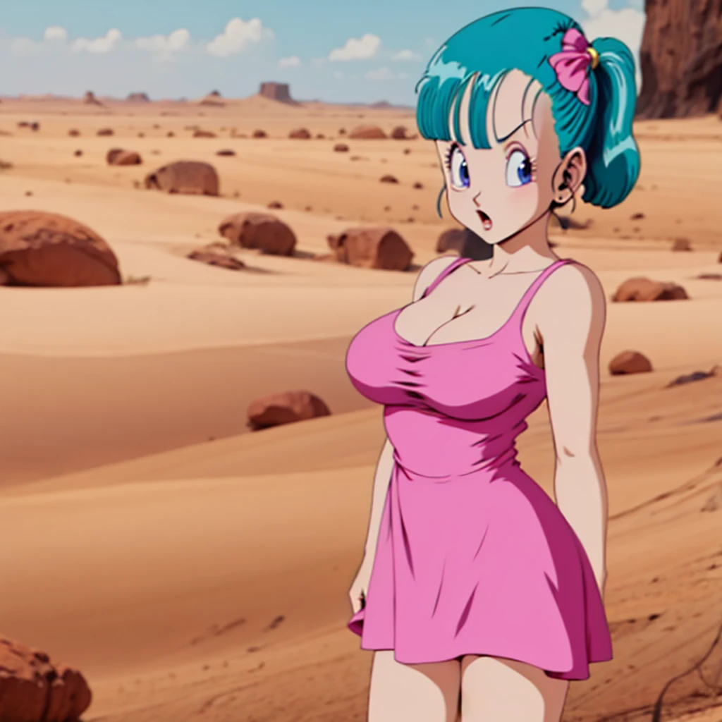 Young Bulma without the top of her dress showing her breasts 