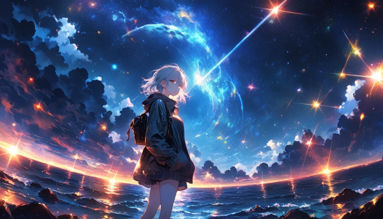 Starry Sky, After the Rain, horizon , In the sky,Lens flare, colorful,coat,Put your hands in your pockets,(student, 18-year-old, ＪＫ, Her short silver hair sways, Pale skin, Lack of eye sparkle) Look up at the sky, Beautiful sky, There is an ocean,White Street,The scenery is beautiful, 広いLook up at the sky, I see the wind blowing and shining, In the skyは正午の月と正午の星がある,From below, break ,quality(8k,非常に精細なCGユニットのwallpaper, masterpiece,High resolution,top-quality,top-quality real texture skin,Surreal,Increase the resolution,RAW Photos,最高quality,Very detailed,wallpaper,Cinema Lighting,Ray Tracing,Golden Ratio),Have a long-term perspective