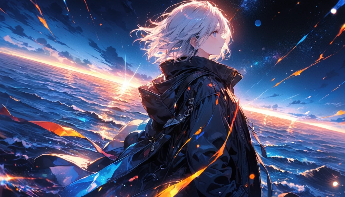 Starry Sky, After the Rain, horizon , In the sky,Lens flare, colorful,coat,Put your hands in your pockets,(student, 18-year-old, JK, Her short silver hair sways, Pale skin, Lack of eye sparkle) Look up at the sky, Beautiful sky, There is an ocean,White Street,The scenery is beautiful, 広いLook up at the sky, I see the wind blowing and shining, In the skyは正午の月と正午の星がある,From below, break ,quality(8k,非常に精細なCGユニットのwallpaper, masterpiece,High resolution,top-quality,top-quality real texture skin,Surreal,Increase the resolution,RAW Photos,最高quality,Very detailed,wallpaper,Cinema Lighting,Ray Tracing,Golden Ratio),Have a long-term perspective