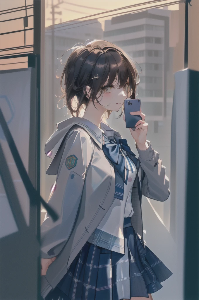 concept:Woman taking selfie. quality:(最高quality, 4K, High resolution, masterpiece:1.2), Very detailed, (Genuine, photoGenuineistic:1.37). illumination:Bright colors, Bright colors and mesmerizing effects, (Warm sunshine), 柔らかく繊細なillumination, Gentle glow, Lens flare, The overall atmosphere is beautiful and gentle... Thematic Intelligence:alone, ((young woman)), (Round eyes), (Small face), (Skin with attention to detail:1.2), Long eyelashes, Glossy Lips, (Brown Hair, Long Wavy Hair, Brown eyes), (Slim figure, Happy expression), (((In front of the mirror))), ((Shooting with a smartphone:1.2)), (Gazing Eyes:1.5, take a picture), Hold your cell phone in front of your face, (((High School Uniform:1.2, Grey jacket, Open jacket, White shirt, Dark blue checked skirt, Captivating thighs))), smile, Happy, charm. Other details:Take a selfie through the mirror, Reflected in the full-length mirror, Genuineなレンダリング, Natural pose,((Hold your cell phone in front of your face)), charmなsmile, A fun connection, Exquisite texture, Perfect composition, Happy moments, Beautiful Skin, Glowing Skin, Perfect Fingers, Five Fingers, Anatomically correct, Smartphone Photos.,In a completely different expression。