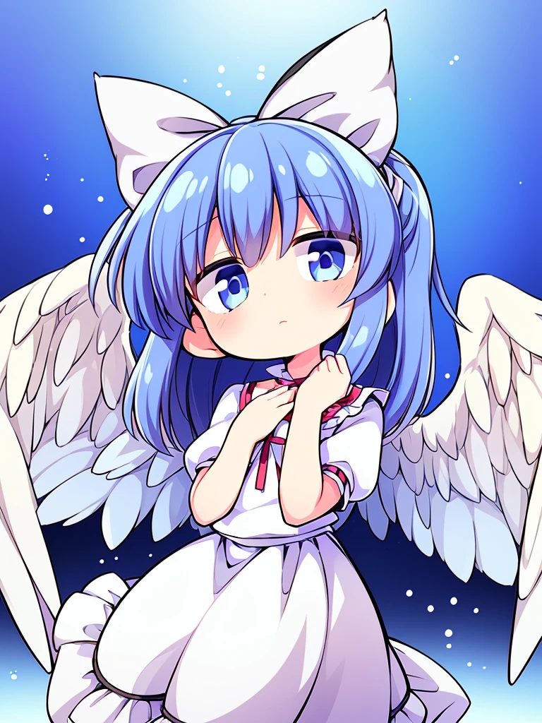 (best quality,4k,8k,highres,masterpiece:1.2), top-quality(​masterpiece), top-quality, ultra-detailed, highly detailed texture, intricate details, high quality textures, A cute teenage angel with blue eyes, big pink ribbon in her hair, drawn in anime style, 1girl, (((1girl in))), , 10 years old, (((loli))), ((childish)), medium blue hair, hair flaps, pink ribbon on head, well-formed face, Beautiful face, blue eyes, pretty eyes, angel girl, white blouse, puffy short sleeves, red ribbon, angel wings, long white skirt, red shoes, frills, ribbon head, A pair of angel wings on the back, clean line drawings, cute, perfect symmetrical face