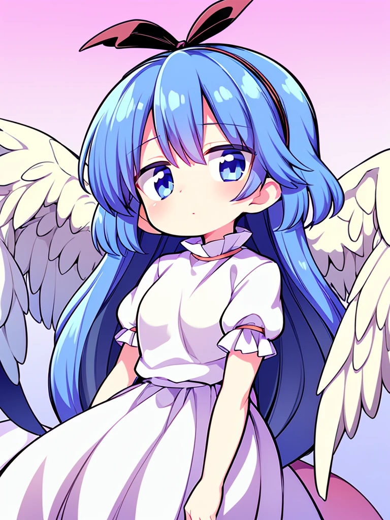 (best quality,4k,8k,highres,masterpiece:1.2), top-quality(masterpiece), top-quality, ultra-detailed, highly detailed texture, intricate details, high quality textures, A cute teenage angel with blue eyes, big pink ribbon in her hair, drawn in anime style, 1girl, (((1girl in))), , 10 years old, (((loli))), ((childish)), medium blue hair, hair flaps, pink ribbon on head, well-formed face, Beautiful face, blue eyes, pretty eyes, angel girl, white blouse, puffy short sleeves, red ribbon, angel wings, long white skirt, red shoes, frills, ribbon head, A pair of angel wings on the back, clean line drawings, cute, perfect symmetrical face