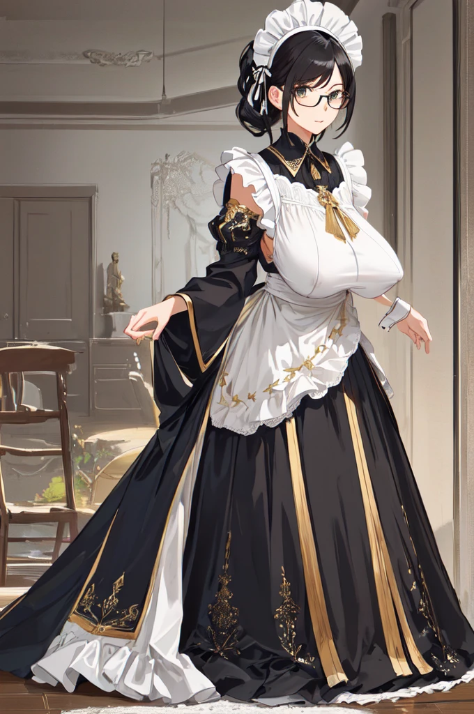 {{masterpiece}},high quality, 4K, 2D, 1 girl,{simple gray background},(attractive mature lady:1.5),milf,standing,sagging breasts,(gigantic breasts:1.5),maid,front face,{{tareme}},attractive mature lady,black hair, {from right in front of face and body},View viewers from front,{front facing shot},Wear glasses,(serious:0.1)