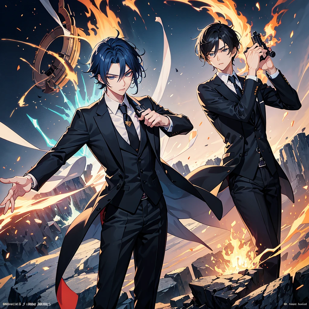anime character in a suit and tie with a gun in front of a bunch of fire, inspired by Ryūsei Kishida, handsome anime pose, delicate androgynous prince, handsome guy in demon slayer art, anime cover, kawacy, tall anime guy with blue eyes, official art, he is wearing a suit, beautiful androgynous prince