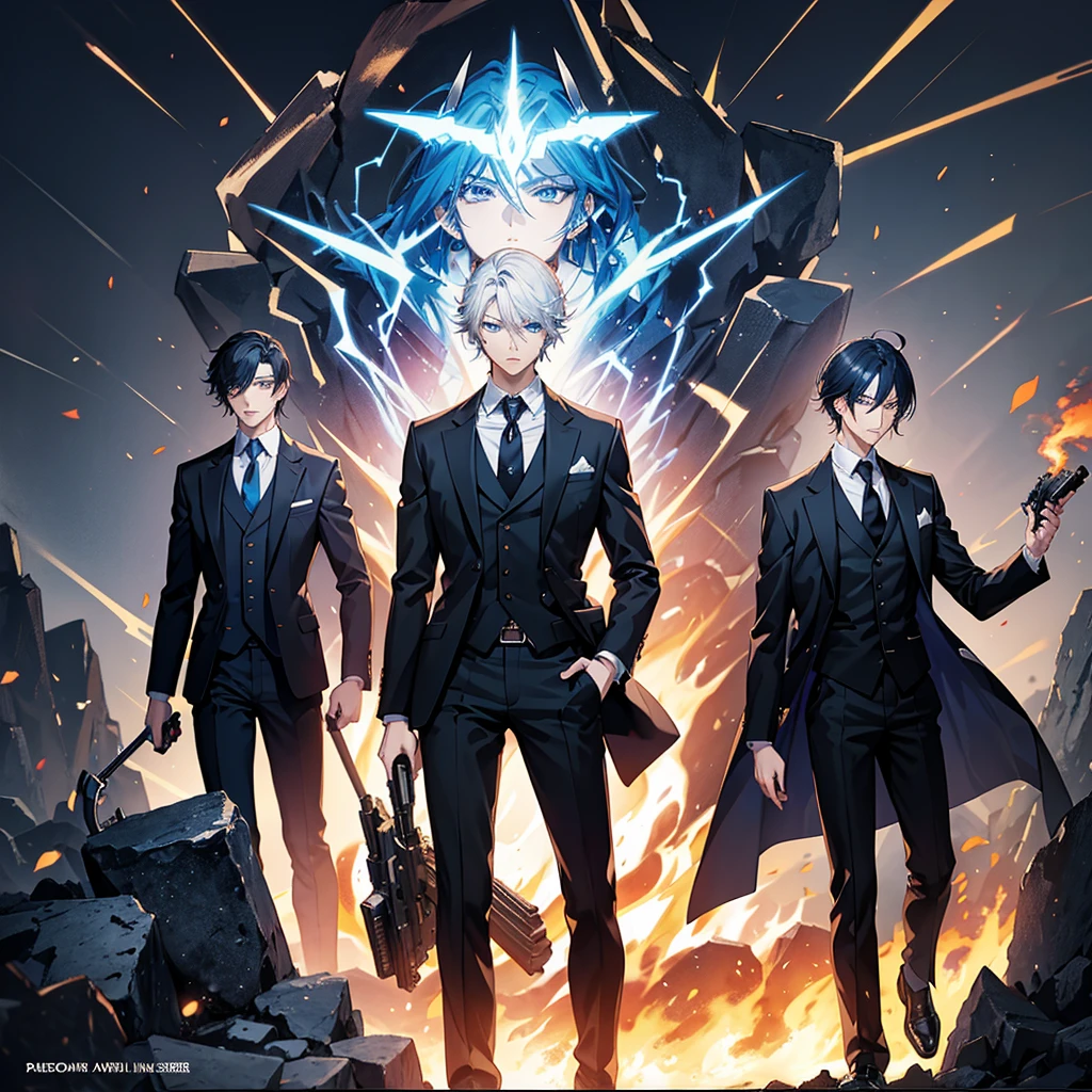 anime character in a suit and tie with a gun in front of a bunch of fire, inspired by Ryūsei Kishida, handsome anime pose, delicate androgynous prince, handsome guy in demon slayer art, anime cover, kawacy, tall anime guy with blue eyes, official art, he is wearing a suit, beautiful androgynous prince