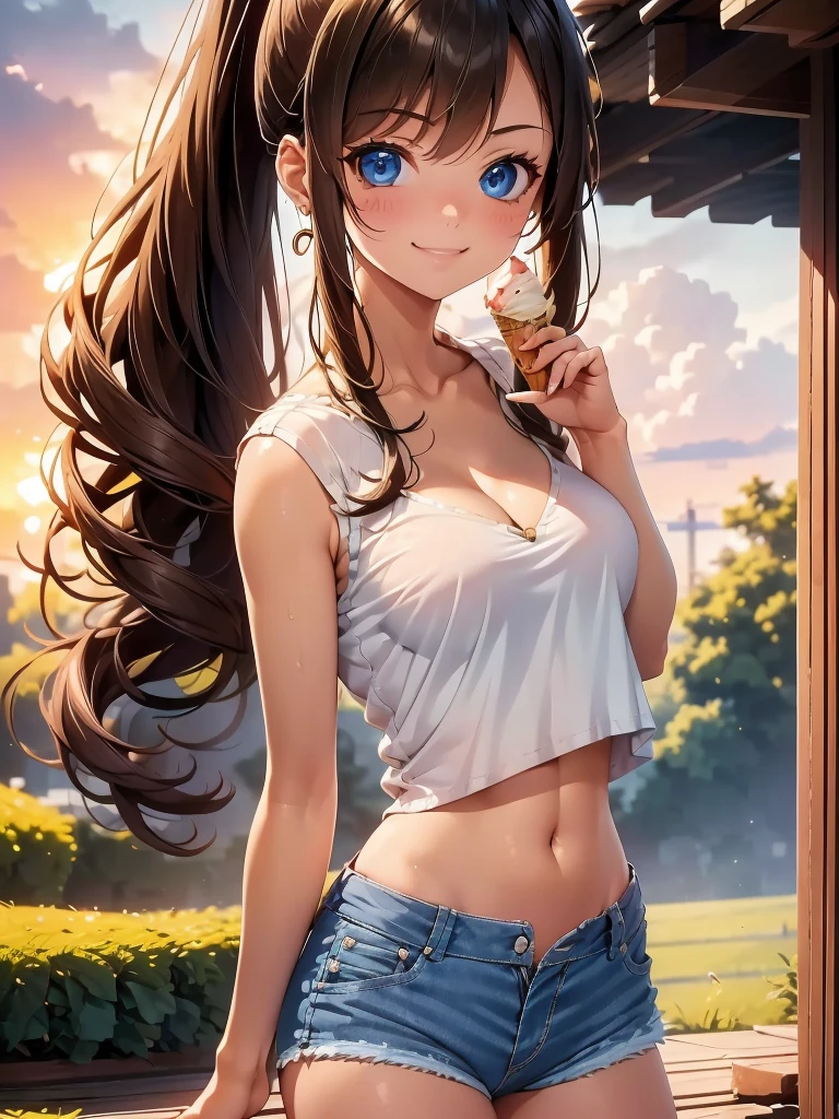1girl, solo, beautiful girl, brunette skin, blue eyes, detailed anime style, perfect anatomy, perfect hands, narrow waist, medium breasts, long hair, brown hair, high ponytail, asymmetrical bangs, blue eyes, detailed eyes, blush, emerald earrings, strapless shirt, pink shirt, open clothes, denim shorts, cleavage, navel, midriff, smile, standing, perfect hands, arm up, woods, cabin, sunset, orange sky, clouds, outdoors, underboobs, ice cream, holding ice cream, high quality, high resolution,