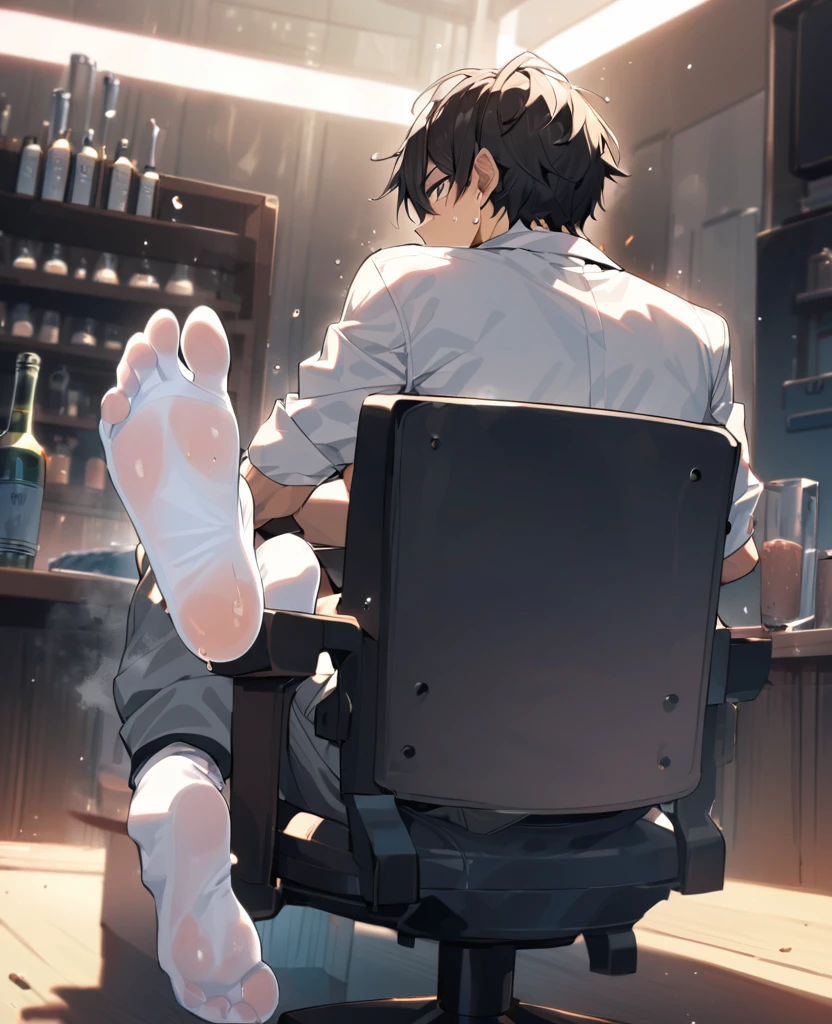 Boy showing the soles of his feet while scrunching his sweaty soles in white socks sitting on chair while his feet under it face his back to the camera with shoeplay