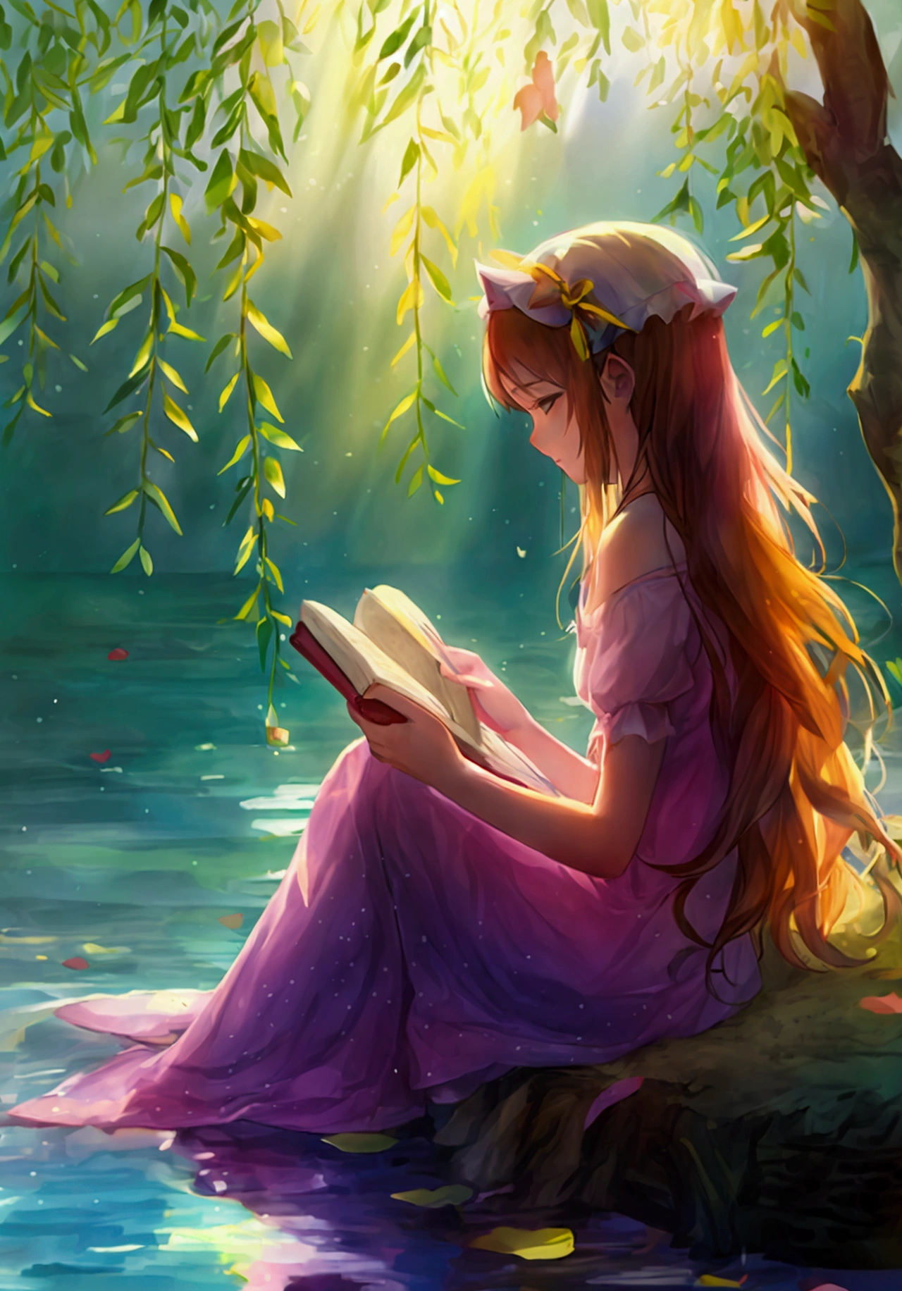 Girl reads a book by the lake, bright colors, spring, willow branches, comfort, warm sunlight